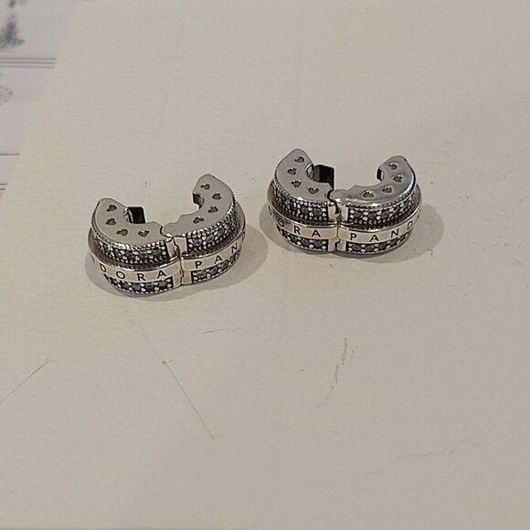Pair of Auth PANDORA Sterling Silver Sparkling Pavé Lines & Logo Clip 799042C01 - Picture 8 of 12